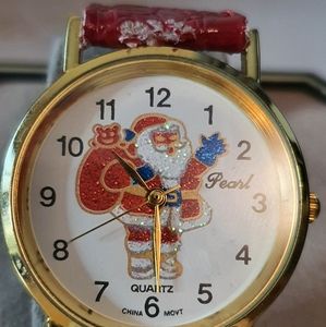 🦋10/$20🦋 Pearl Quartz Goldtone/Red Santa Christmas Women's Watch